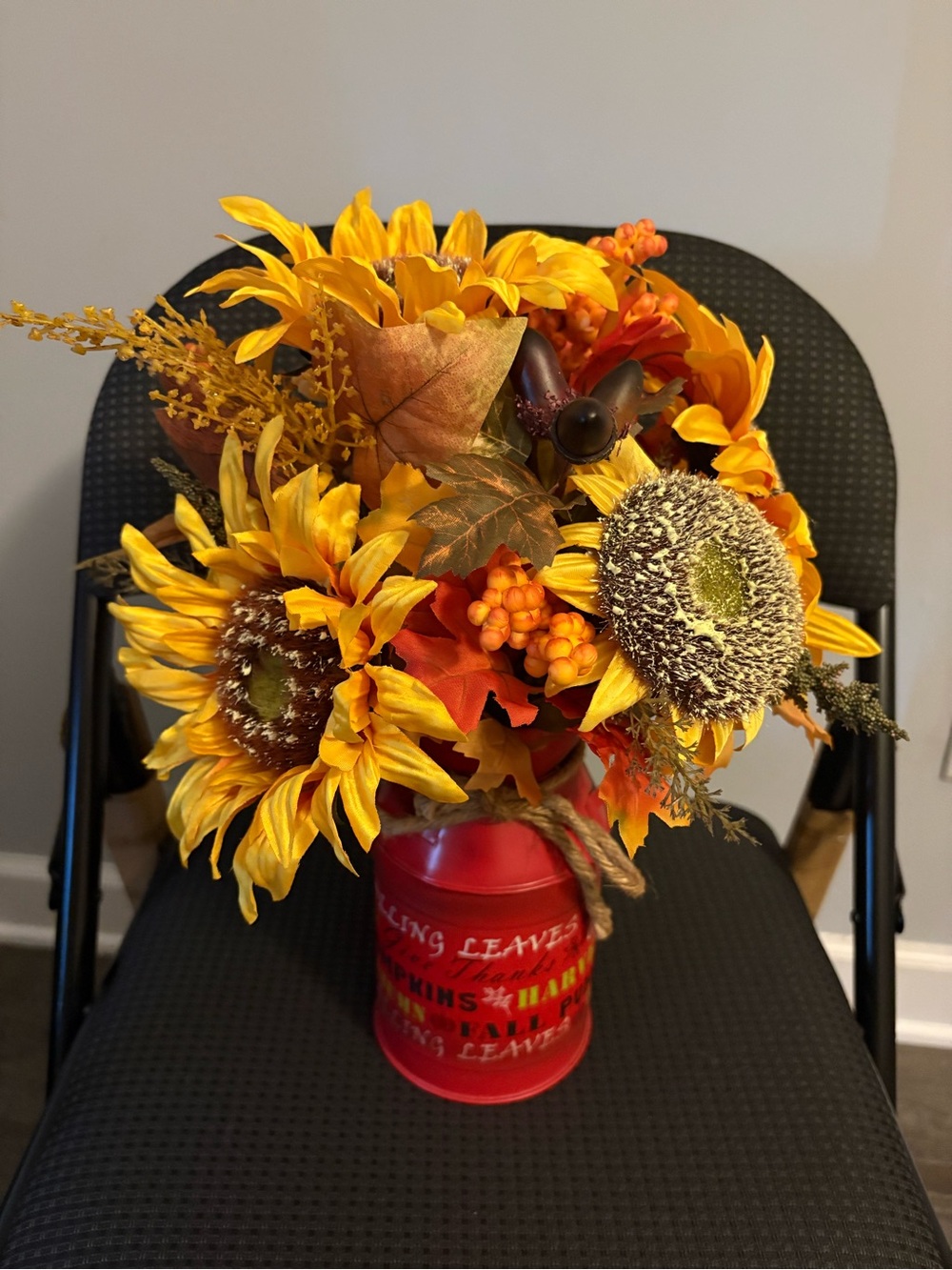Autumn Sunflower Faux Floral Arrangement in Red Decorative Vase